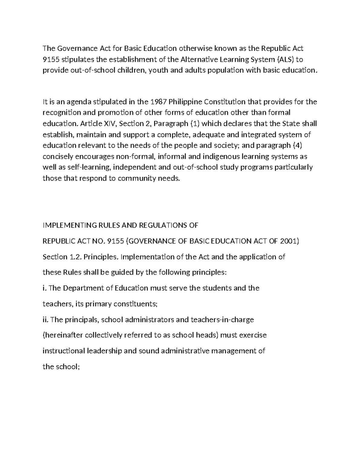 Republic Act 9155: Governance of Basic Education & ALS Policy - Studocu