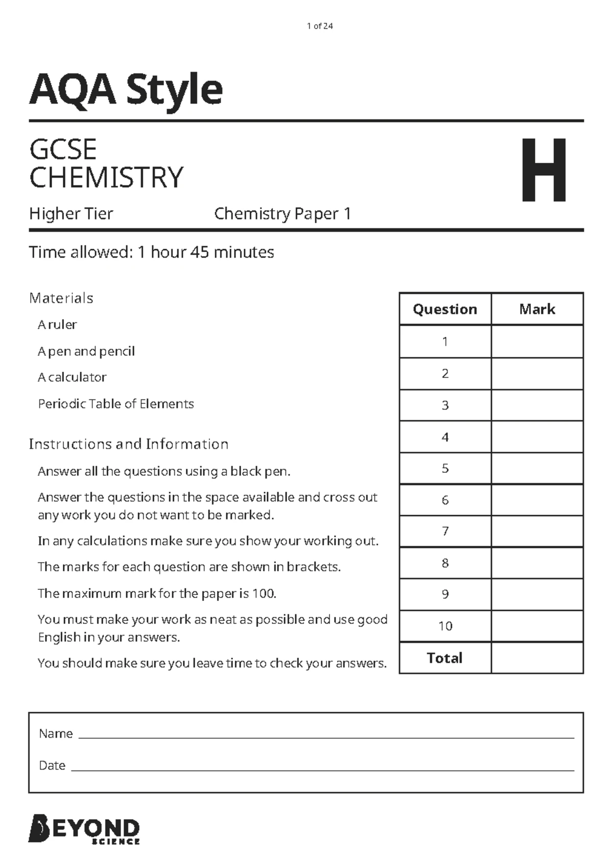 AQA GCSE Chemistry Paper 1 Higher Mock Exam & Teacher Notes - Studocu