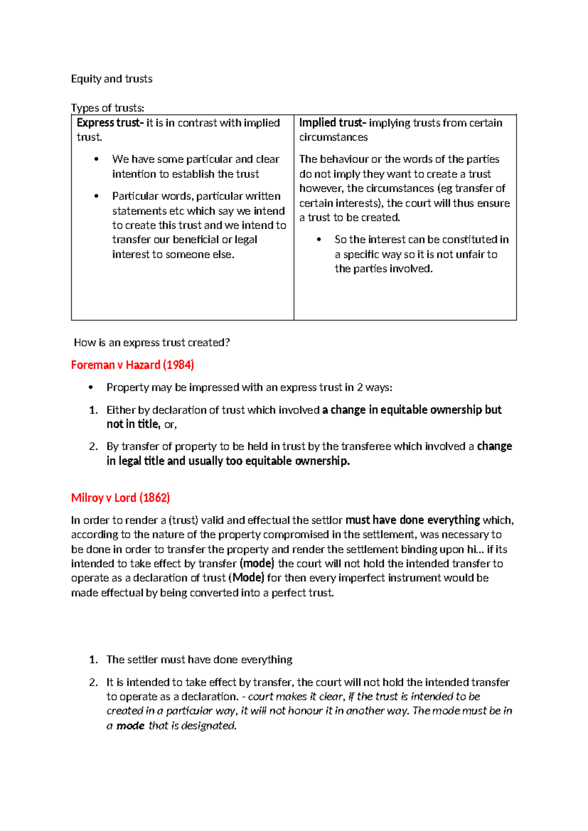 Notes for exam Equity - Equity and trusts Types of trusts: Express ...
