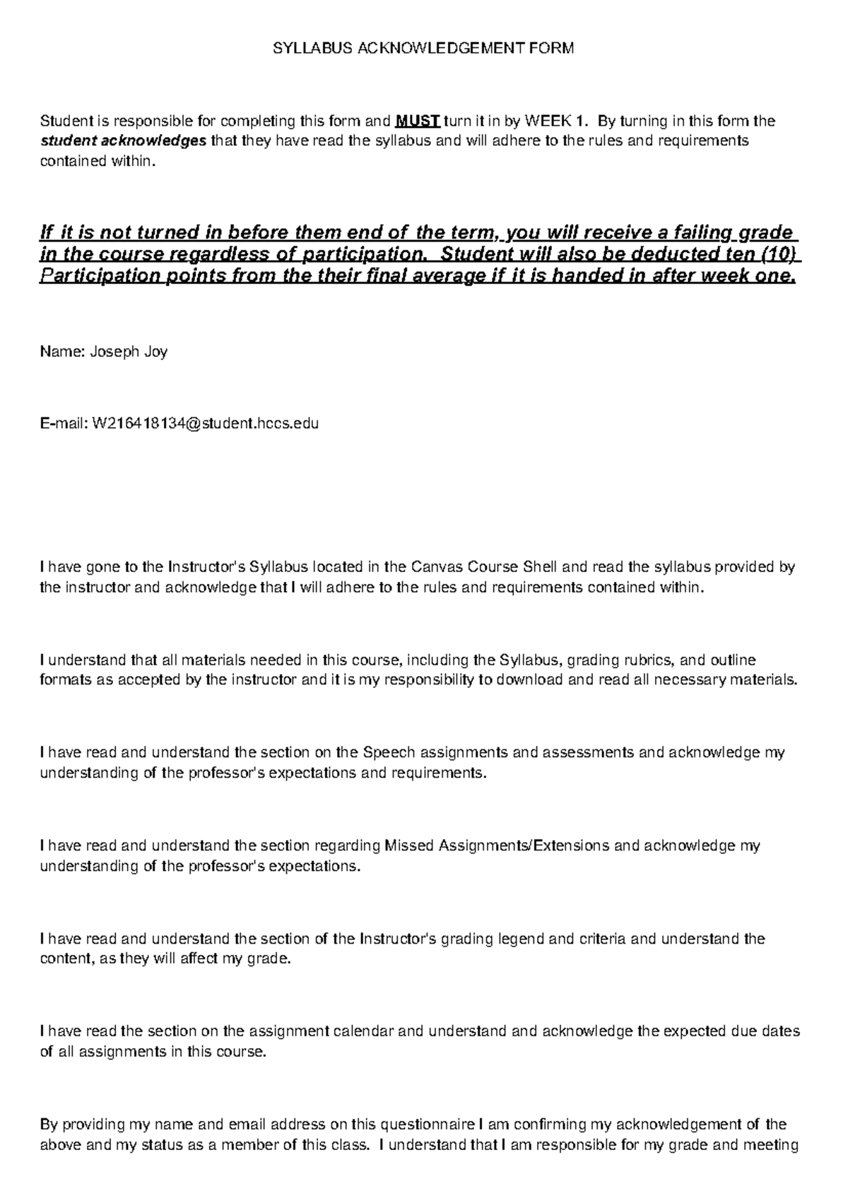 SYLLABUS ACKNOWLEDGEMENT FORM - WEEK 1 Submission Required - Studocu