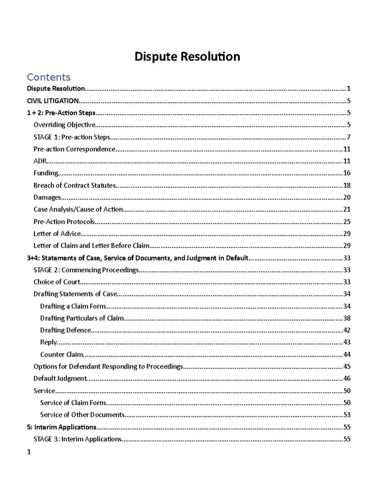 Dispute Resolution Revision Notes - Civil Litigation Overview - Studocu