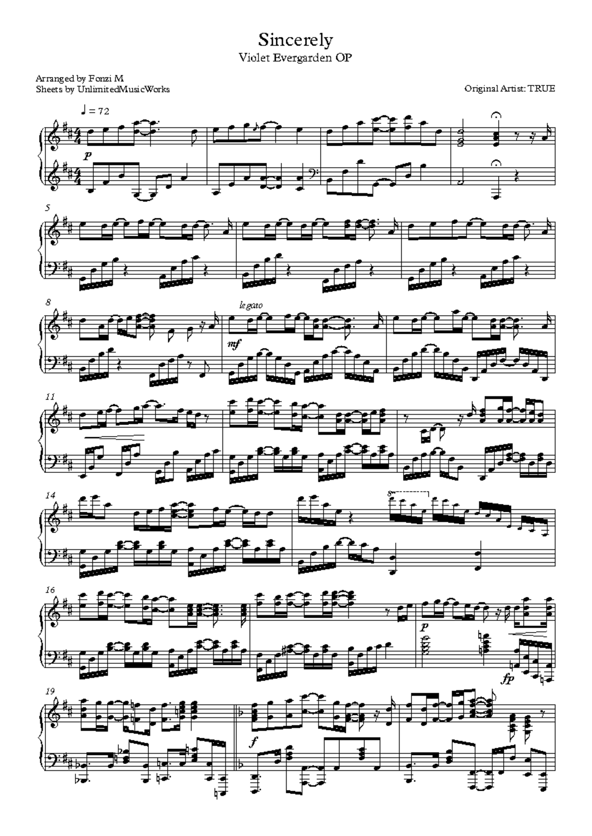 Violet Evergarden OP - Sincerely (Arranged by Fonzi M) Sheet Music