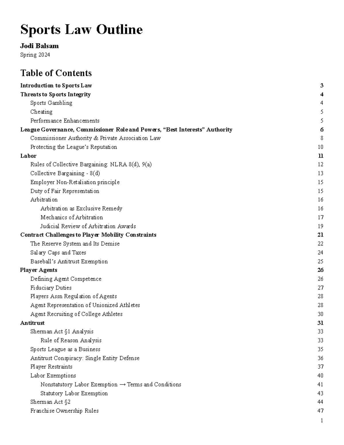 Sports Law Class Outline (Jodi Balsam) - Spring 2024 Overview - Studocu