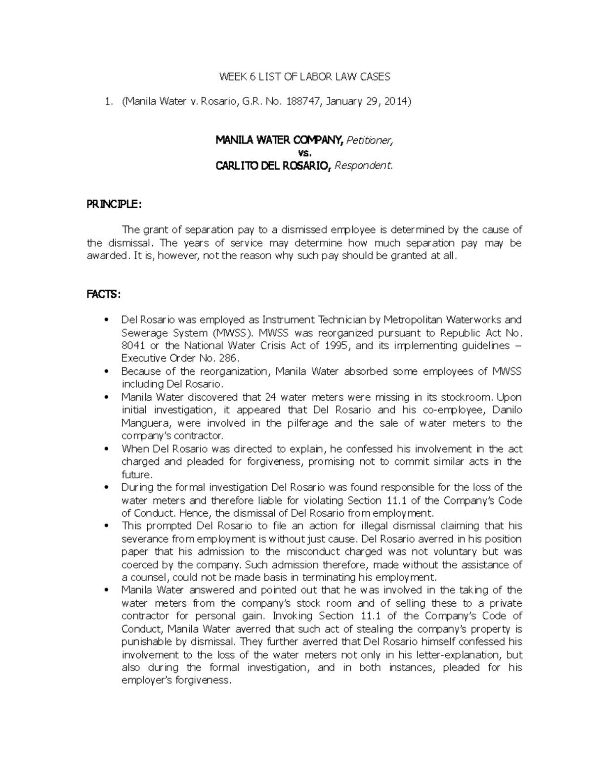 Labor Law Cases & Separation Pay in Manila Water v. Del Rosario - Studocu
