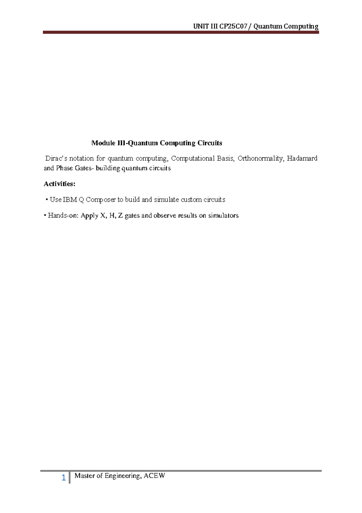 Unit III QC - Quantum Computing: Circuits, States, and Measurements ...