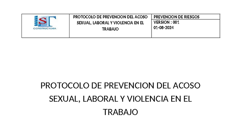 PROTOCOLO DE PREVENCIÓN DEL ACOSO SEXUAL Y VIOLENCIA LABORAL - V001 ...