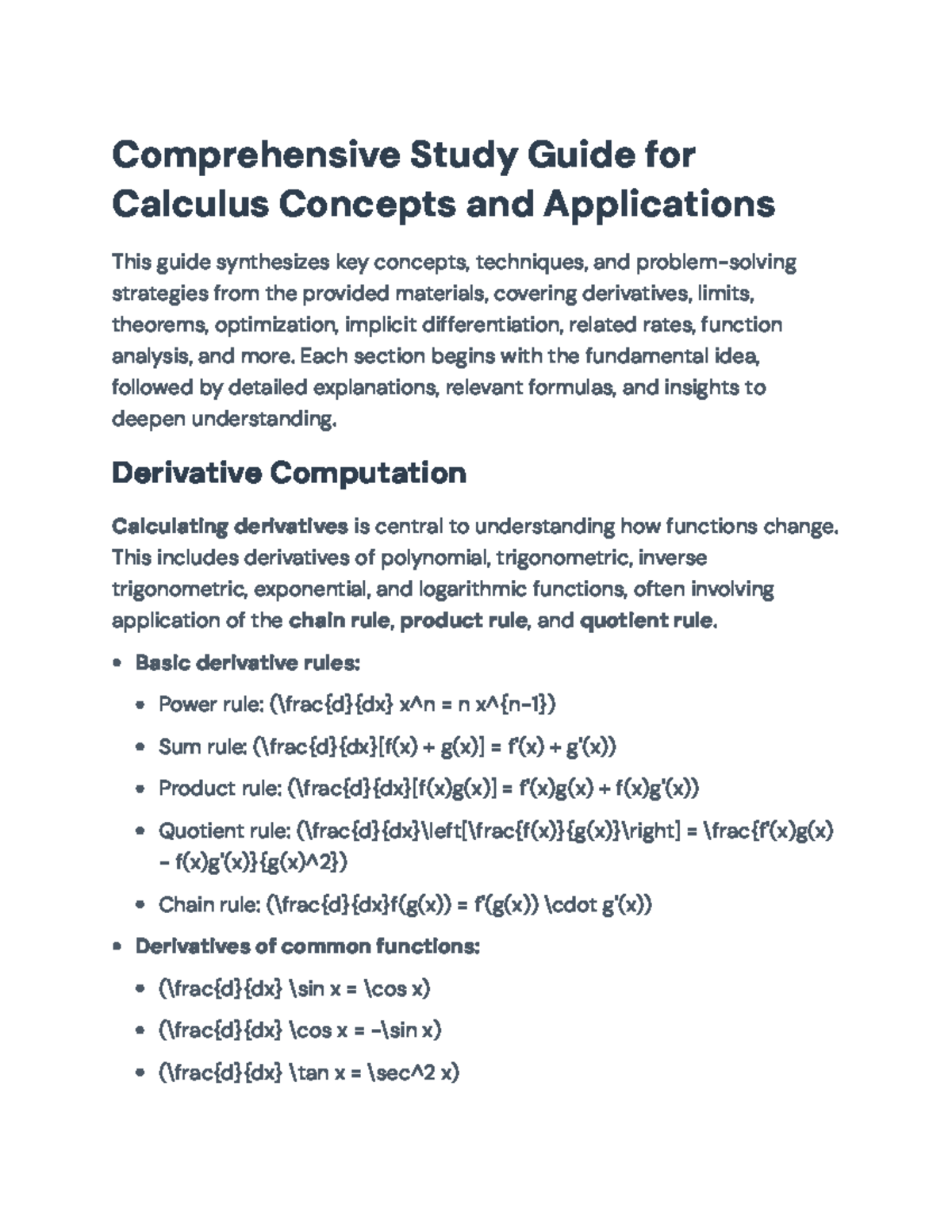 Comprehensive Study Guide for Calculus (MATH 101) Concepts ...