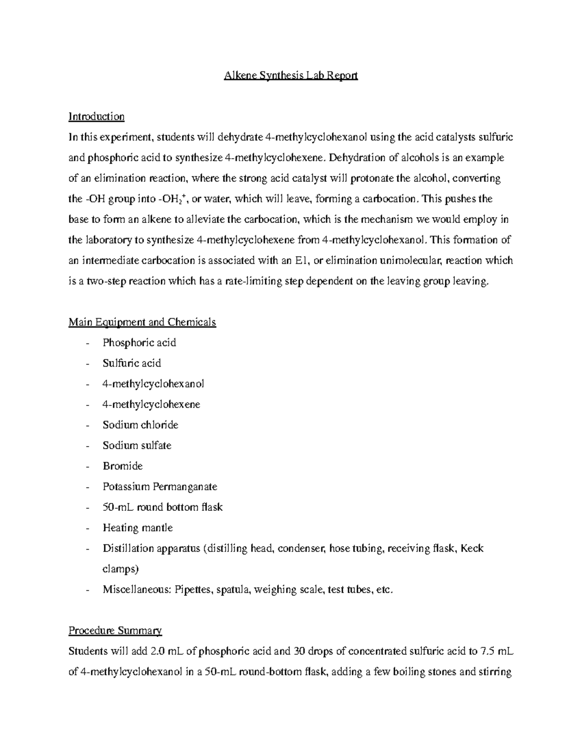 Alkene Synthesis Lab Report: Dehydration of 4-Methylcyclohexanol - Studocu