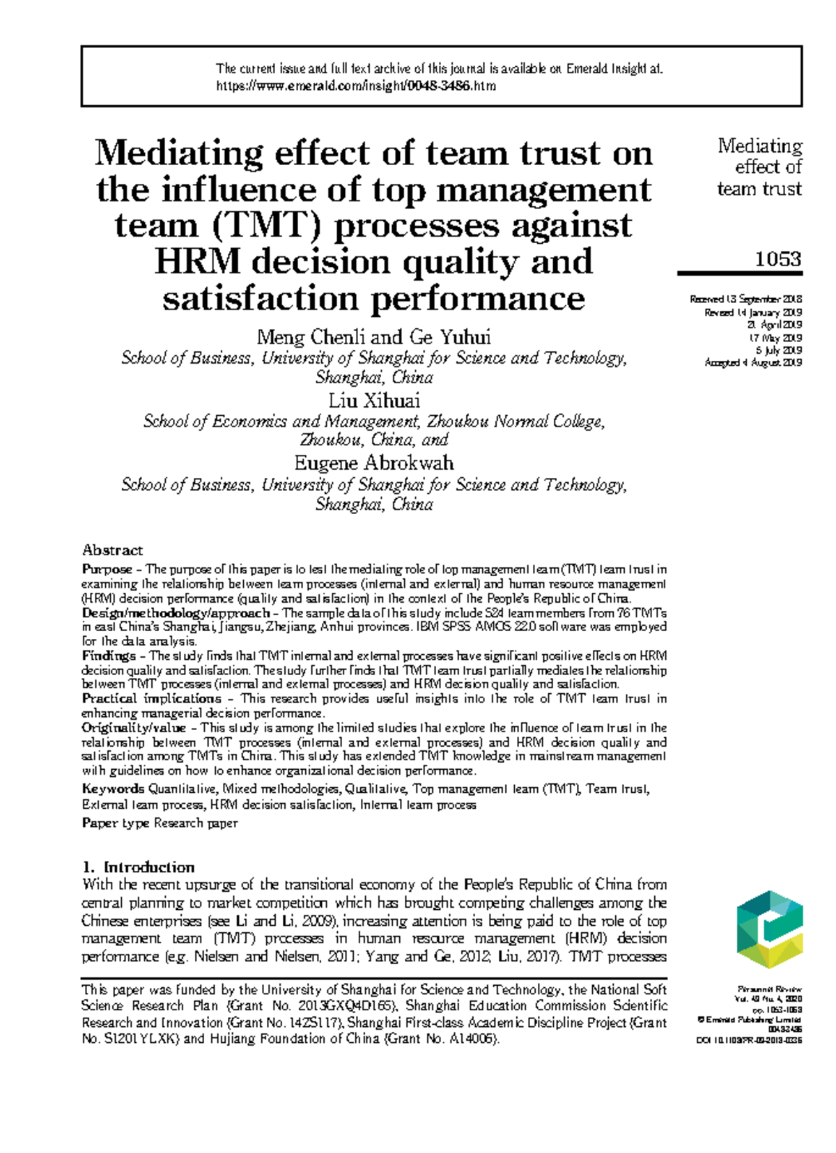 Mediating Effect of Team Trust on TMT Processes and HRM Decision ...