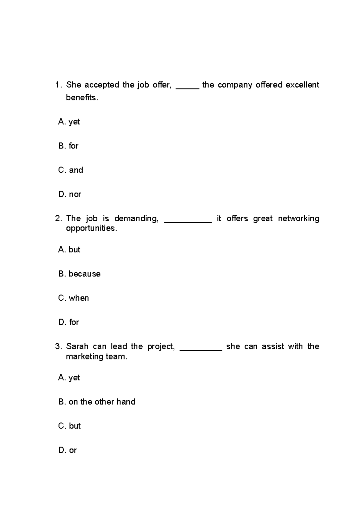 Unit 5 - Exercises on Job Offer Sentences and Conjunctions - Studocu