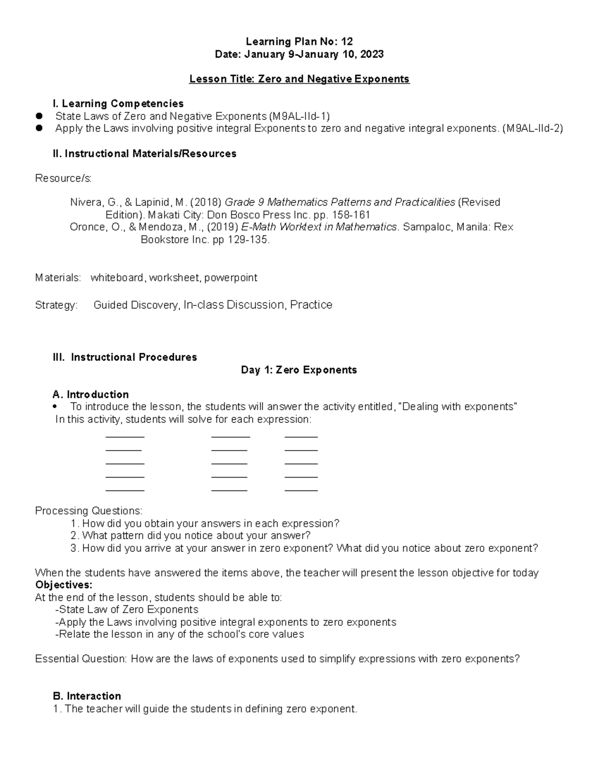 Math 9 Lesson on Zero and Negative Exponents: Key Concepts and ...