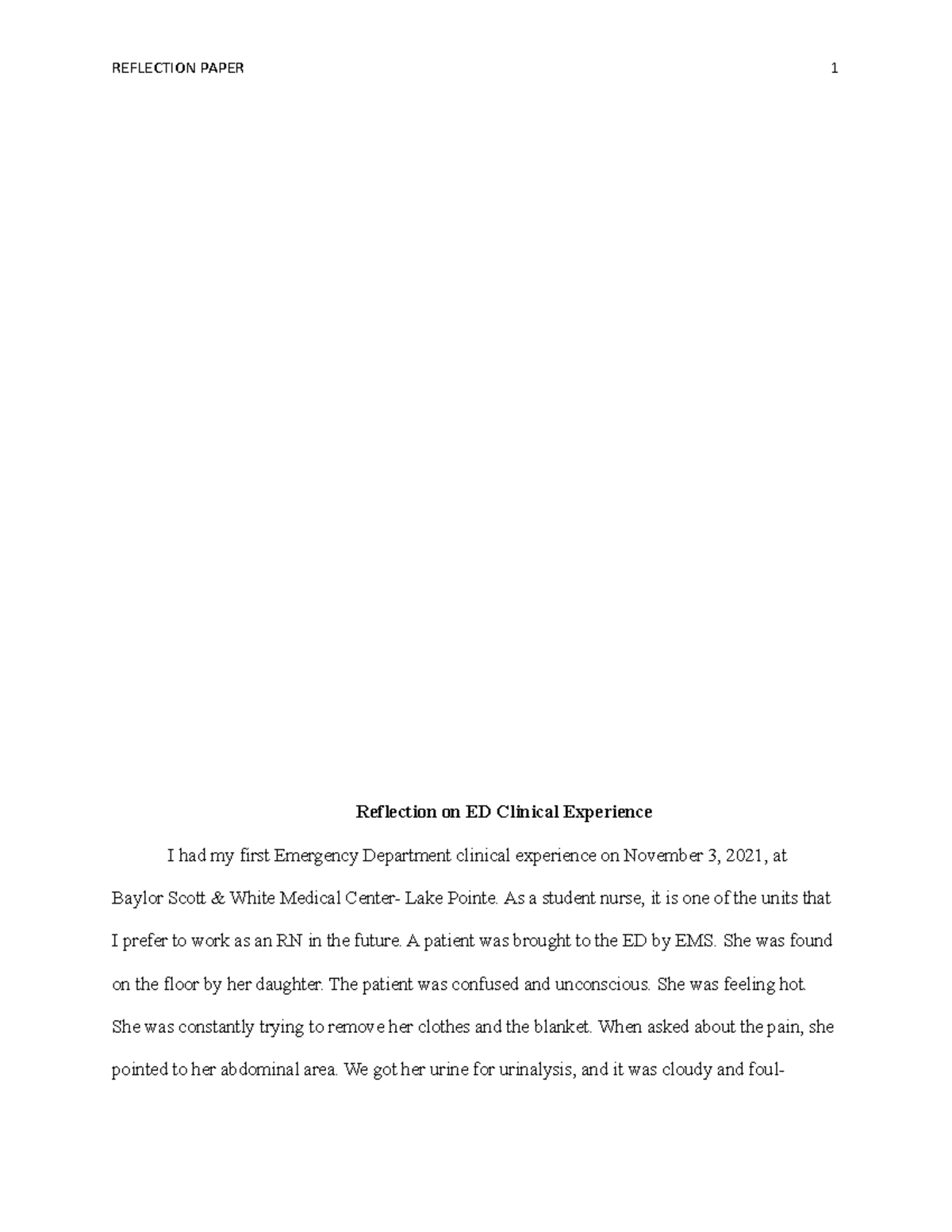 NUR 302: Clinical Reflection on Emergency Department Experience - Studocu
