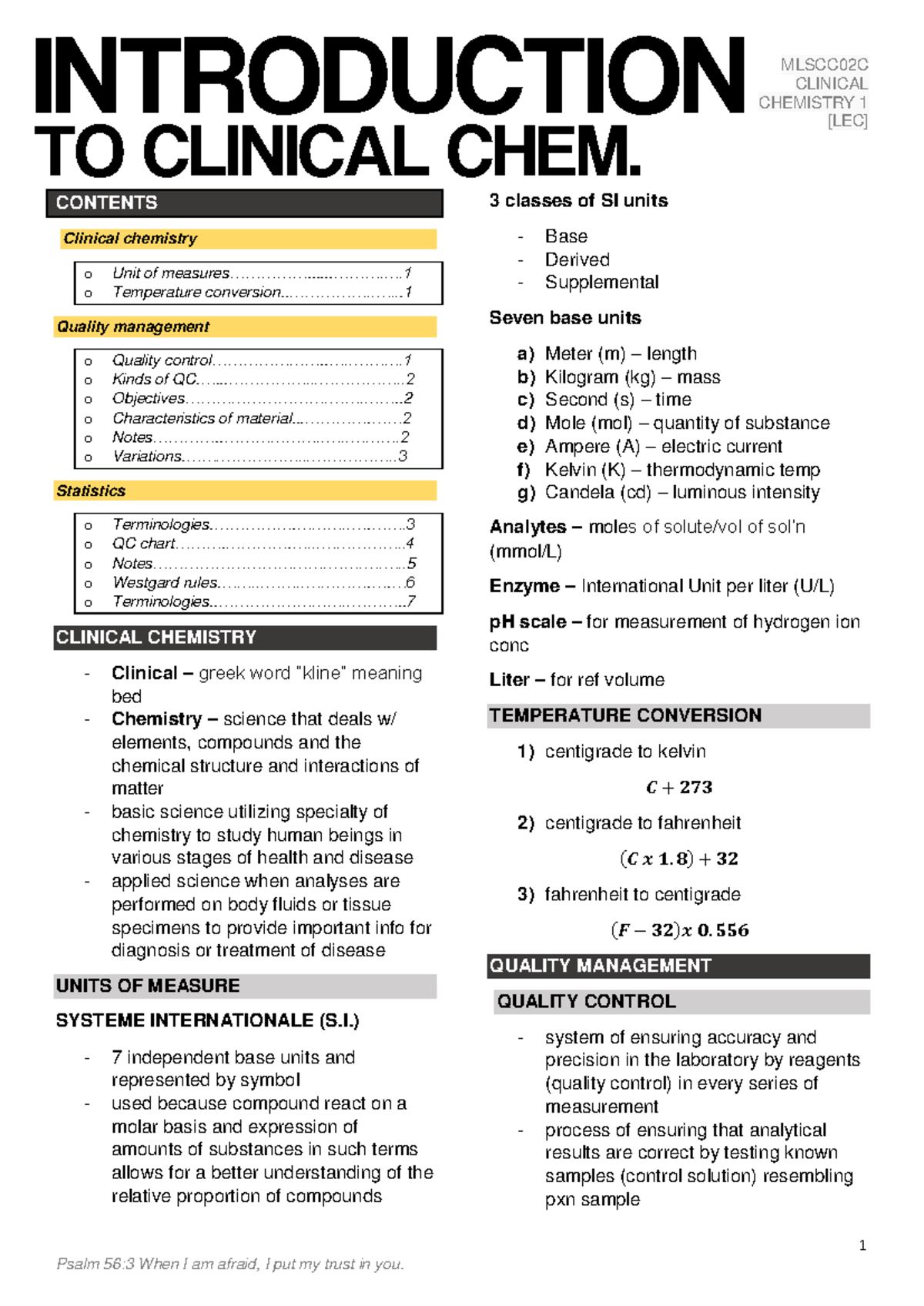 CC-1: Clinical Chemistry Lecture Notes on Quality Management and ...