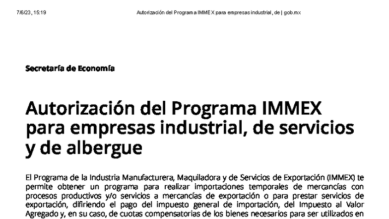 Autorización IMMEX para Empresas Industriales - 15:19 - Studocu
