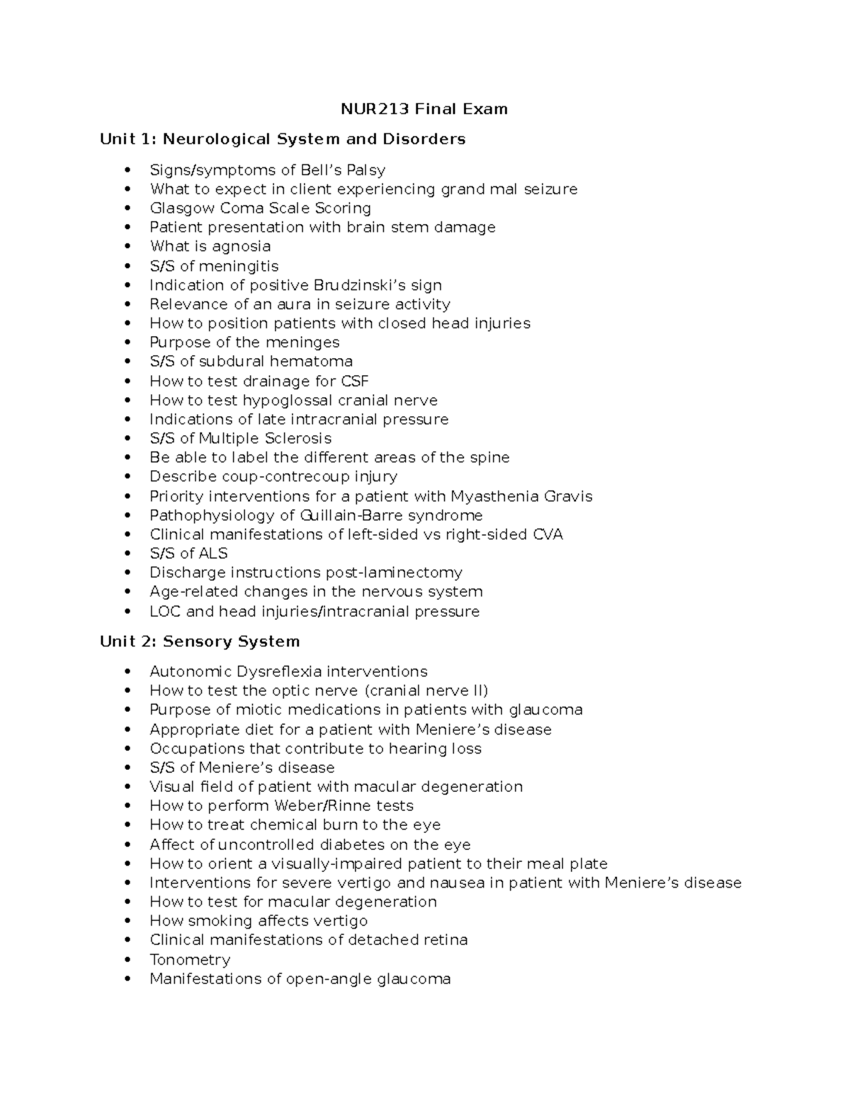 NUR213 Final Exam Study Guide: Neurological & Sensory Systems - Studocu