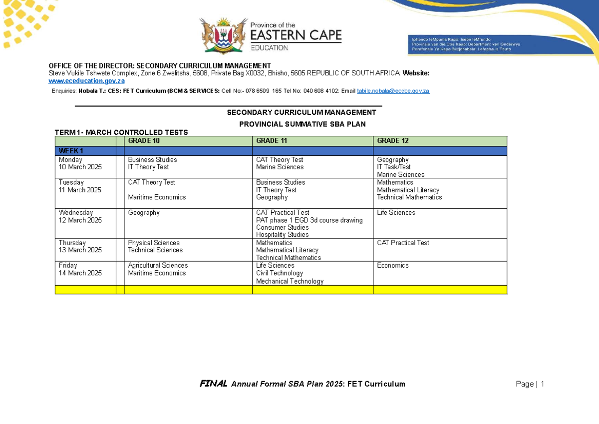 Grade 11 Investigation 2025: SBA Plan and Assessment Schedule - Studocu