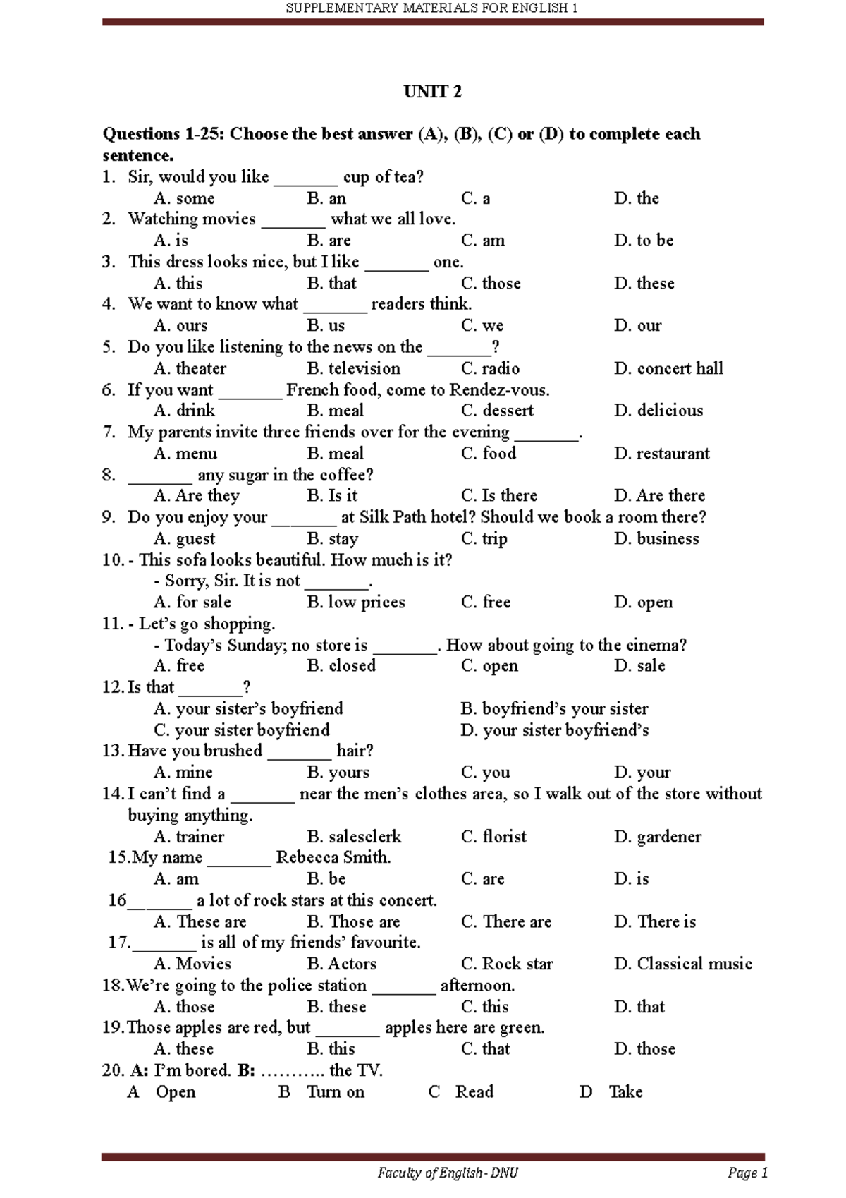Unit 2. Reading, Writing, speaking - UNIT 2 Questions 1-25: Choose the ...