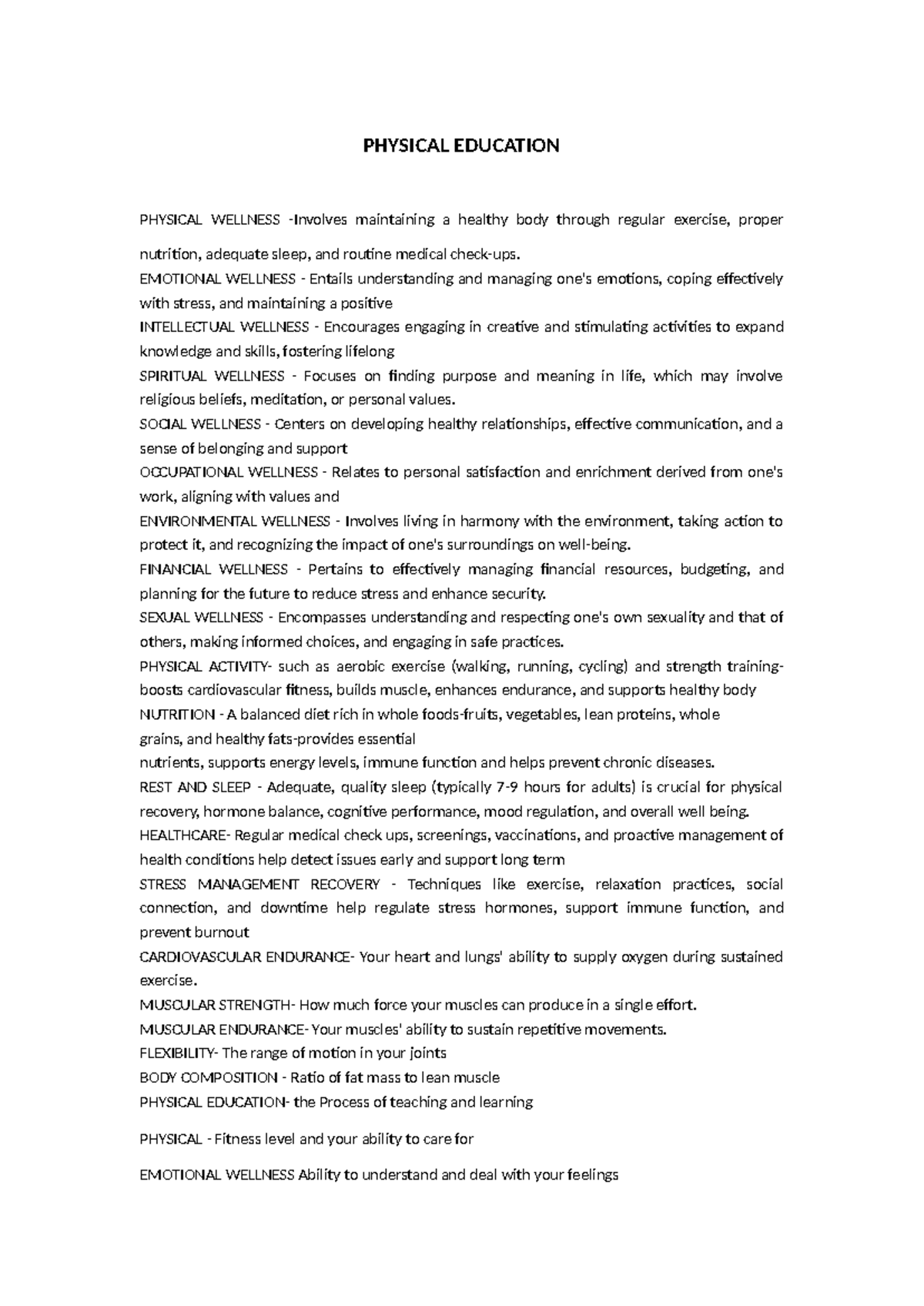 PE 101: Comprehensive Notes on Physical and Emotional Wellness - Studocu