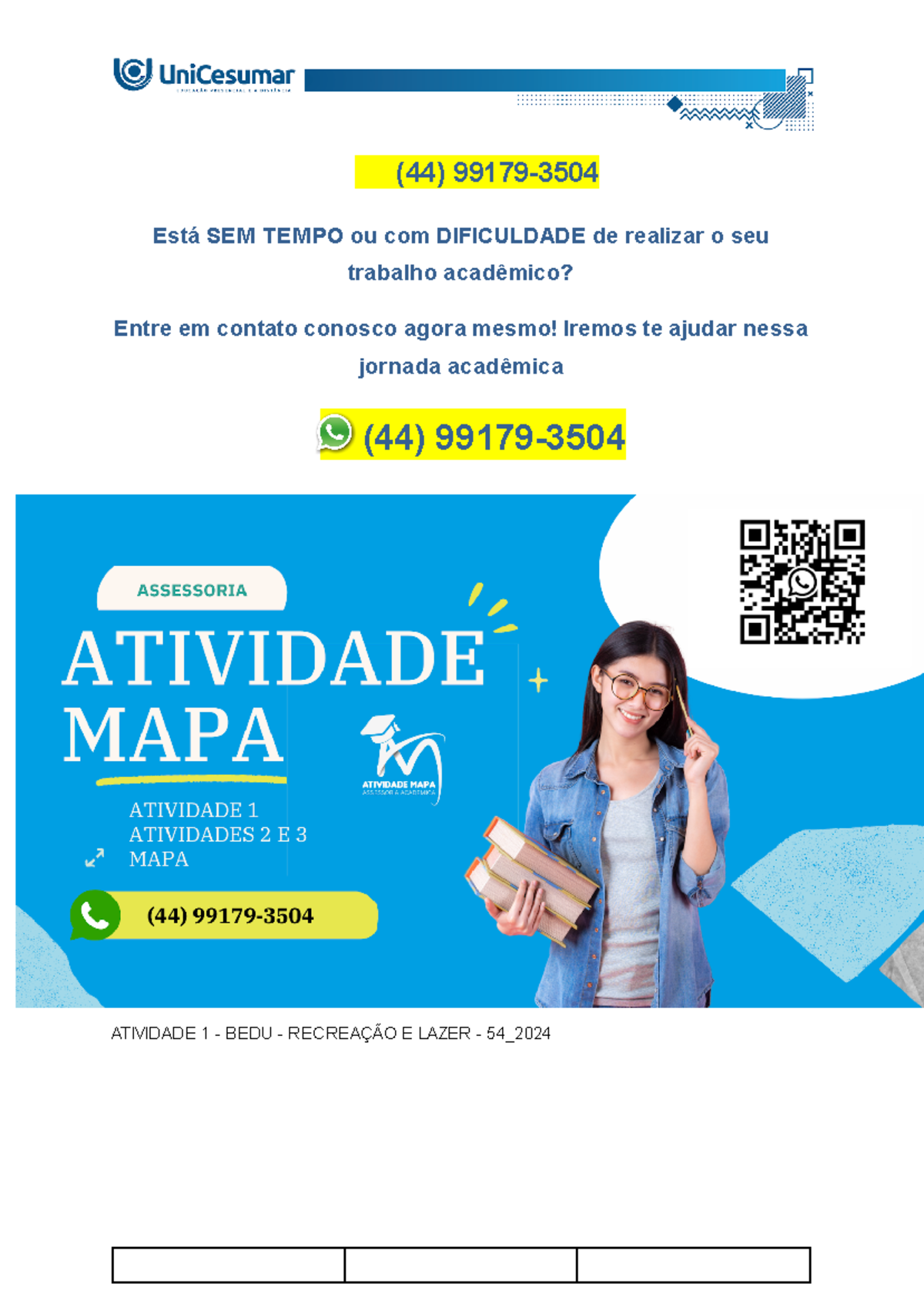 Atividade 1 - BEDU - Recreação E Lazer - 54 2024 - Mapa - Bedu ...
