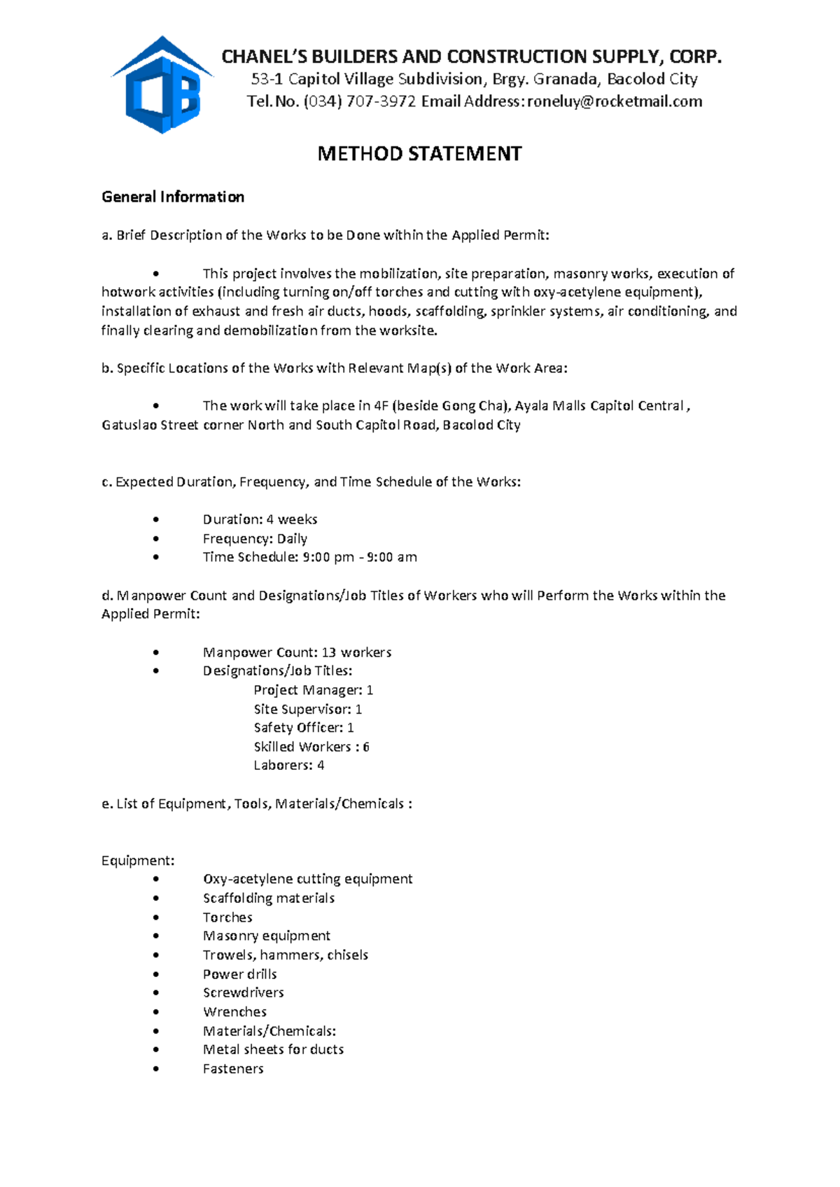 MS - Method Statement for Construction Works at Capitol Village - Studocu