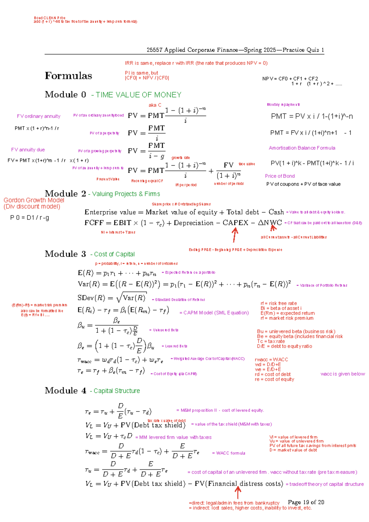 Practice Quiz 1 Formula Sheet (Annotated) for Applied Corporate Finance ...