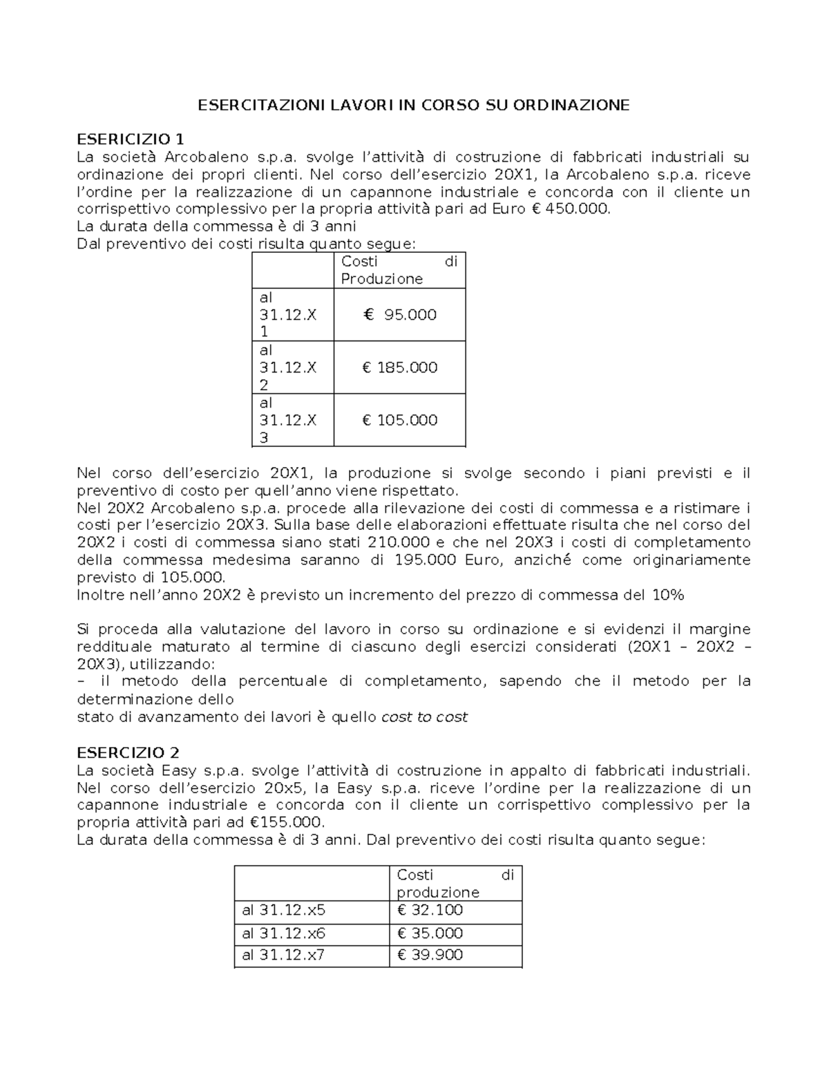 Esercitazione Lavori in Corso: Analisi Costi e Margini 20X1-20X3 - Studocu