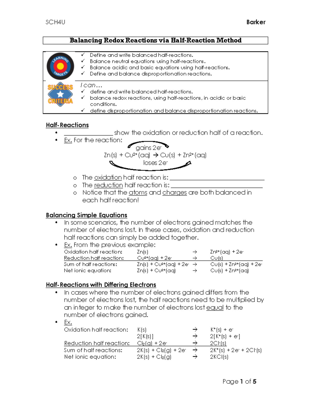 5.2 - Balancing Redox Reactions via Half-Reaction Method (Incomplete ...