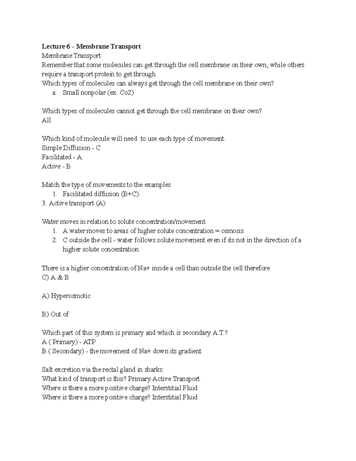 Biol 113 - Lecture 6 - Membrane transport notes and concepts - Studocu