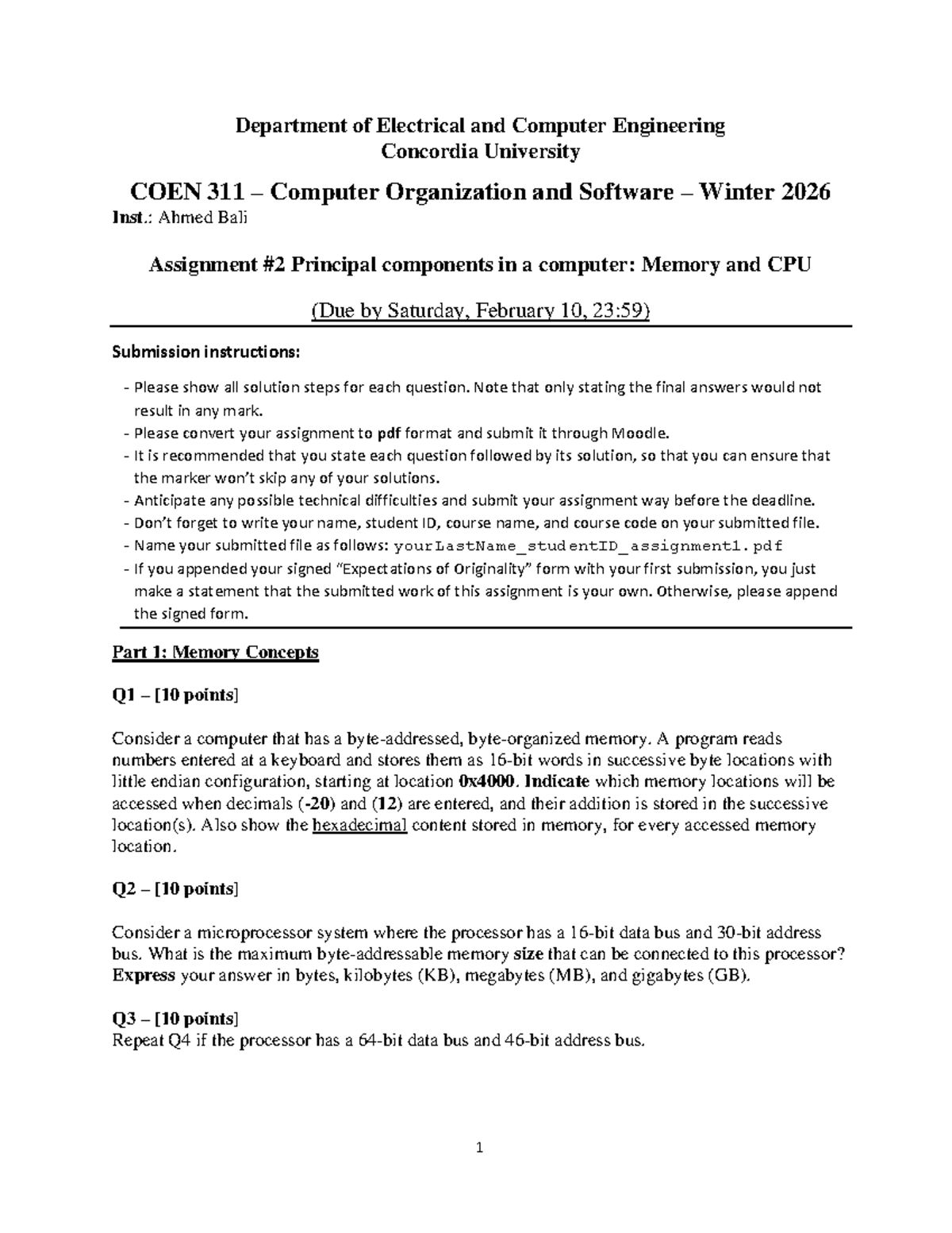 COEN 311 Assignment 2: Memory & CPU Concepts - Winter 2026 - Studocu
