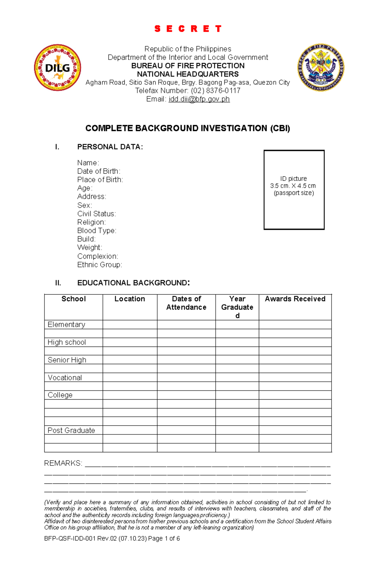 Form 1 CBI Rev 02: Complete Background Investigation Template - Studocu