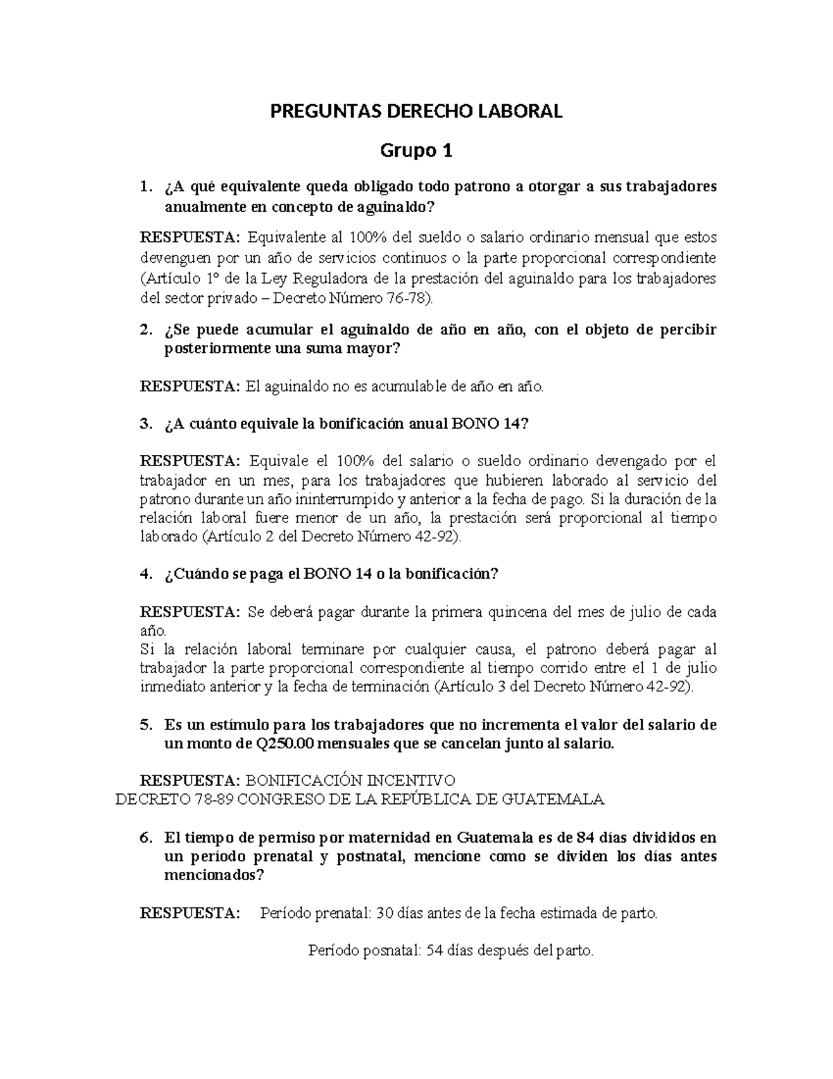 Preguntas Derecho Laboral - Grupo 1: Aguinaldo y BONO 14 - Studocu