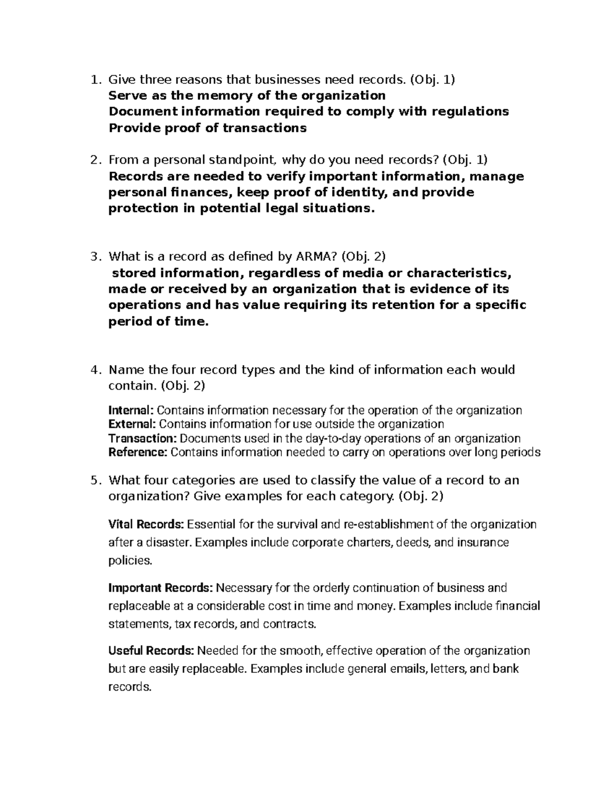 Ch1 Review: Importance of Records in Business & Personal Use (Obj. 1-4 ...