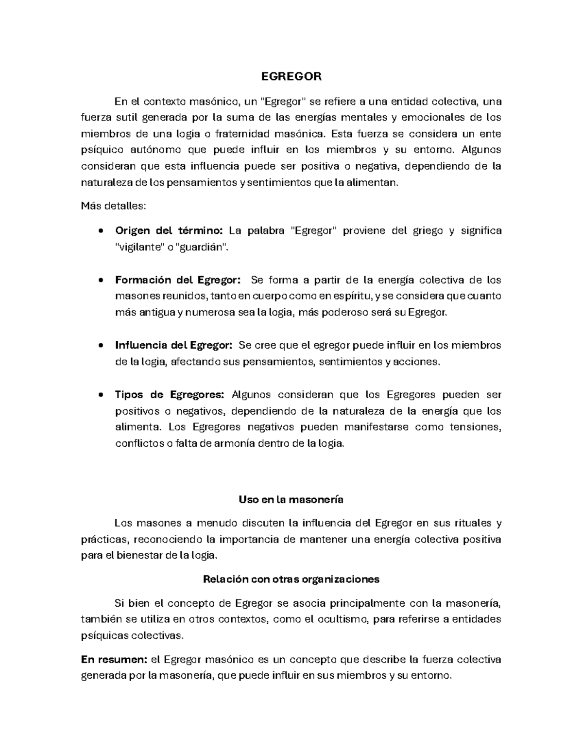EGREGOR: Definición y Formación en la Masonería - Studocu