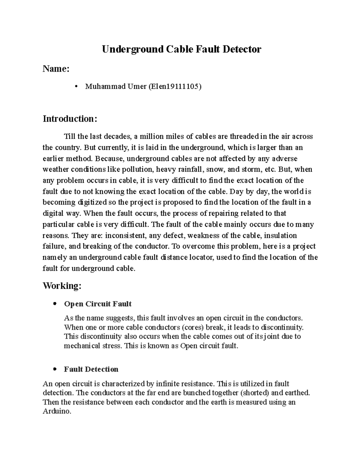 Elen19111105: Project Report on Underground Cable Fault Detector - Studocu