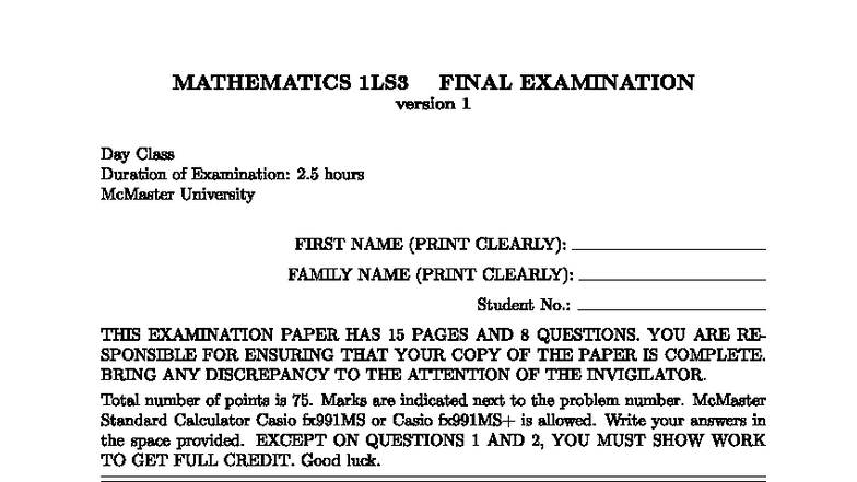 MATH 1LS3 Final Exam 2016 - Comprehensive Review and Solutions - Studocu
