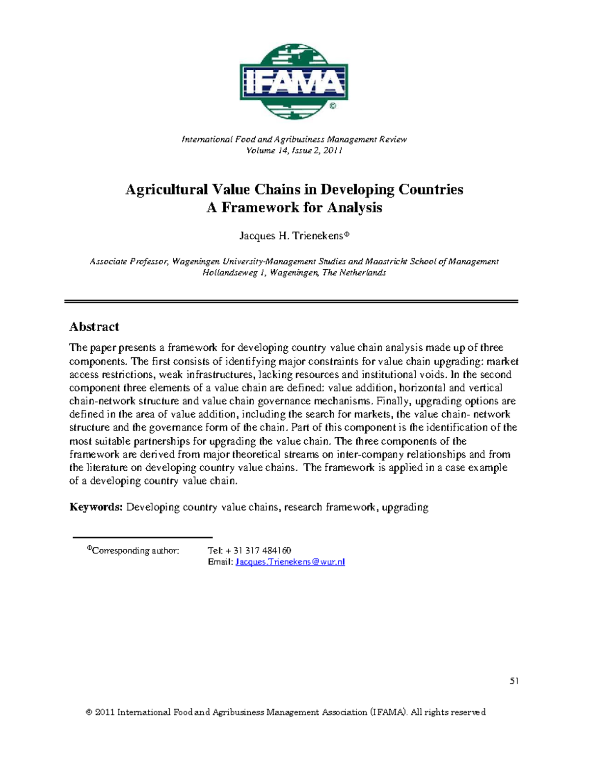 Agricultural Value Chains in Developing Countries: A Framework for ...