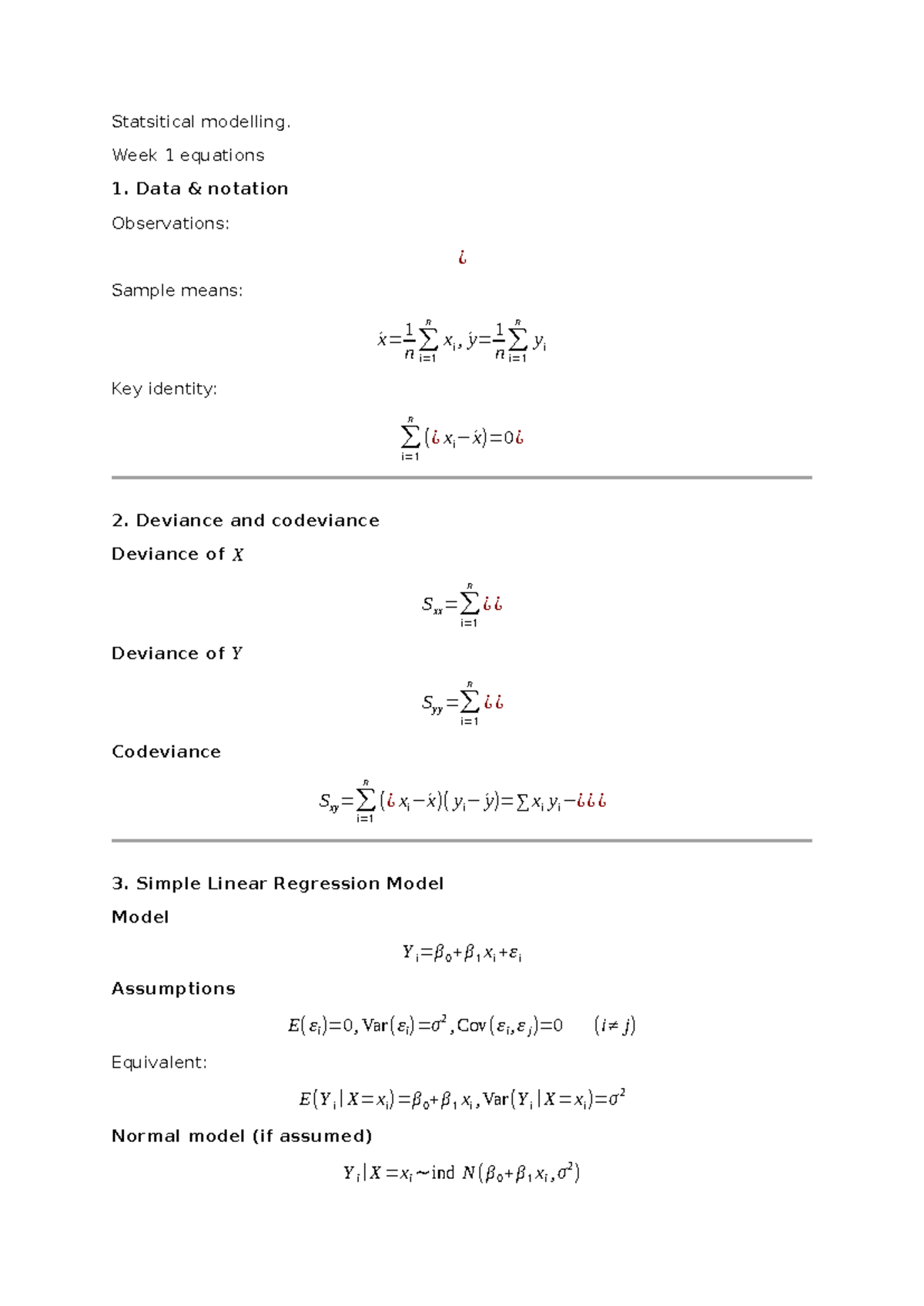 Statistical Modelling (Week 1): Key Equations and Formulas - Studocu