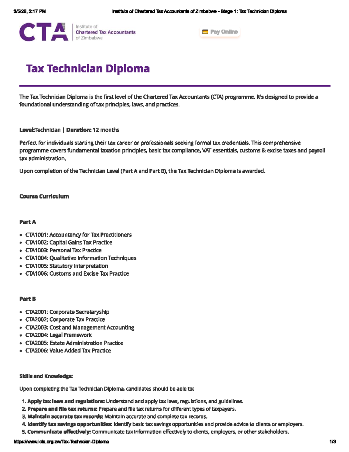 CTA Stage 1: Tax Technician Diploma Course Requirements and Overview ...