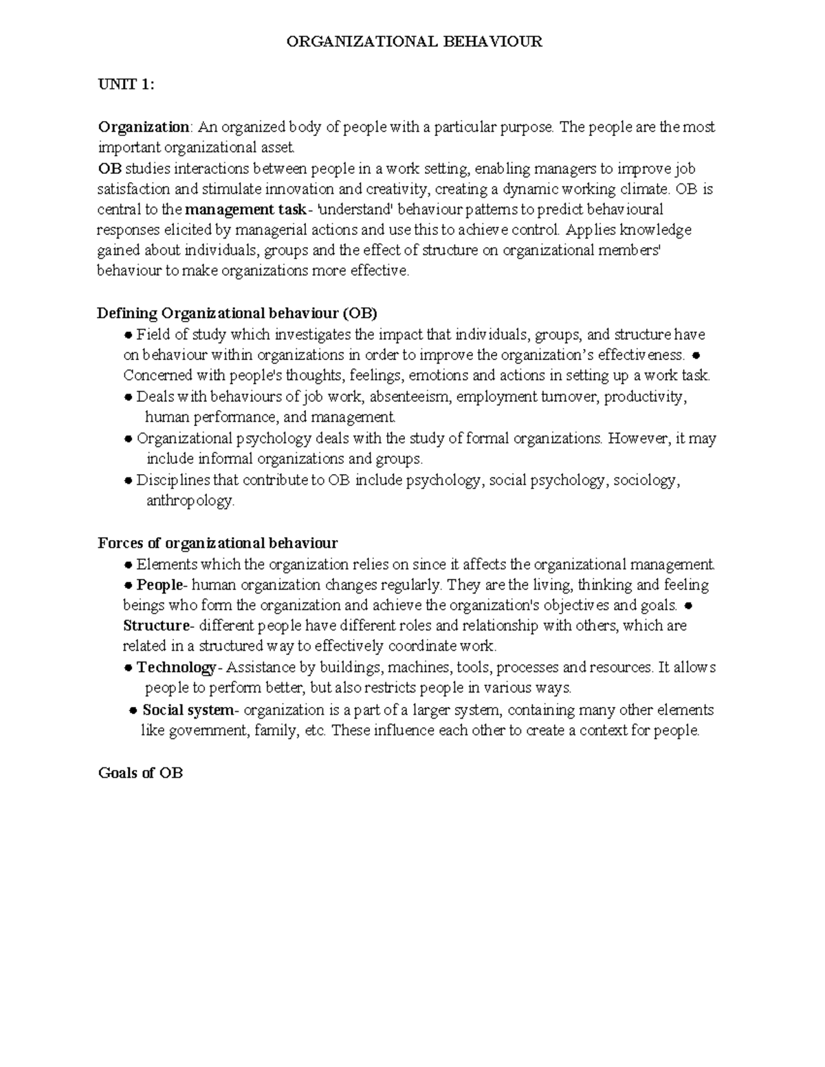 Organizational Behaviour (OB) Lecture Notes: Units 1-3 Overview - Studocu