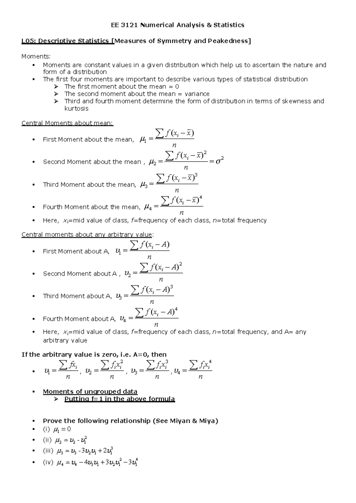 EE 3121 Numerical Analysis L05: Moments and Skewness in Statistics ...