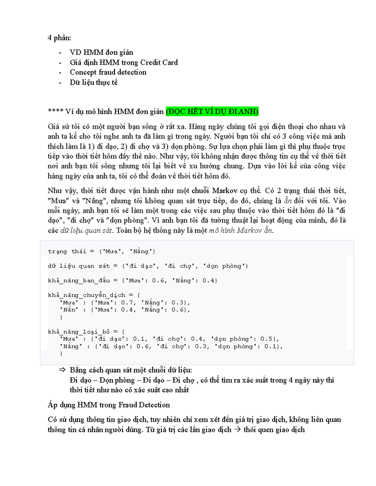 HMM in FD Credit card summary - 4 phần: - VD HMM đơn giản - Giả định ...