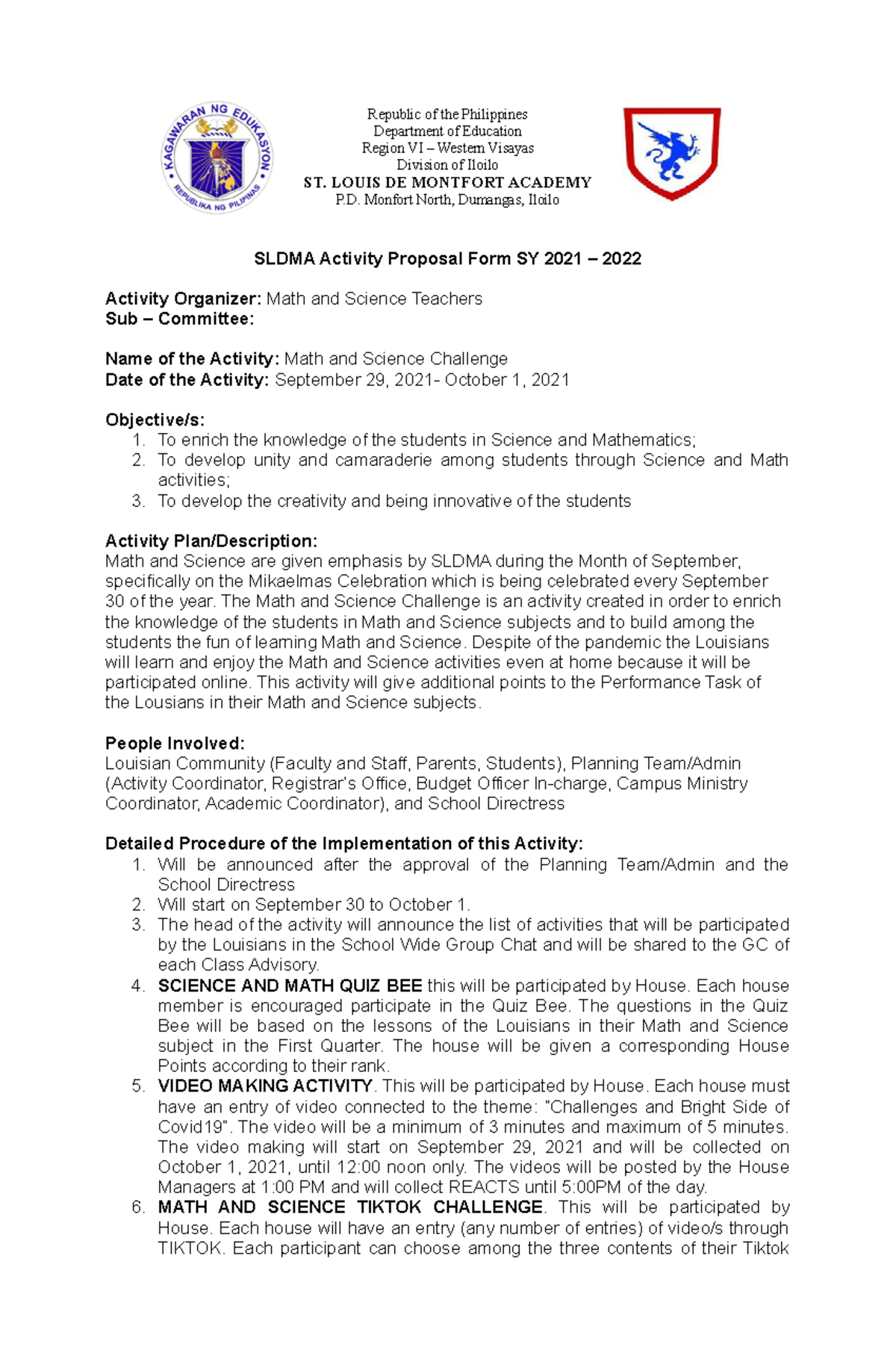 Science and Math Activity - Republic of the Philippines Department of ...