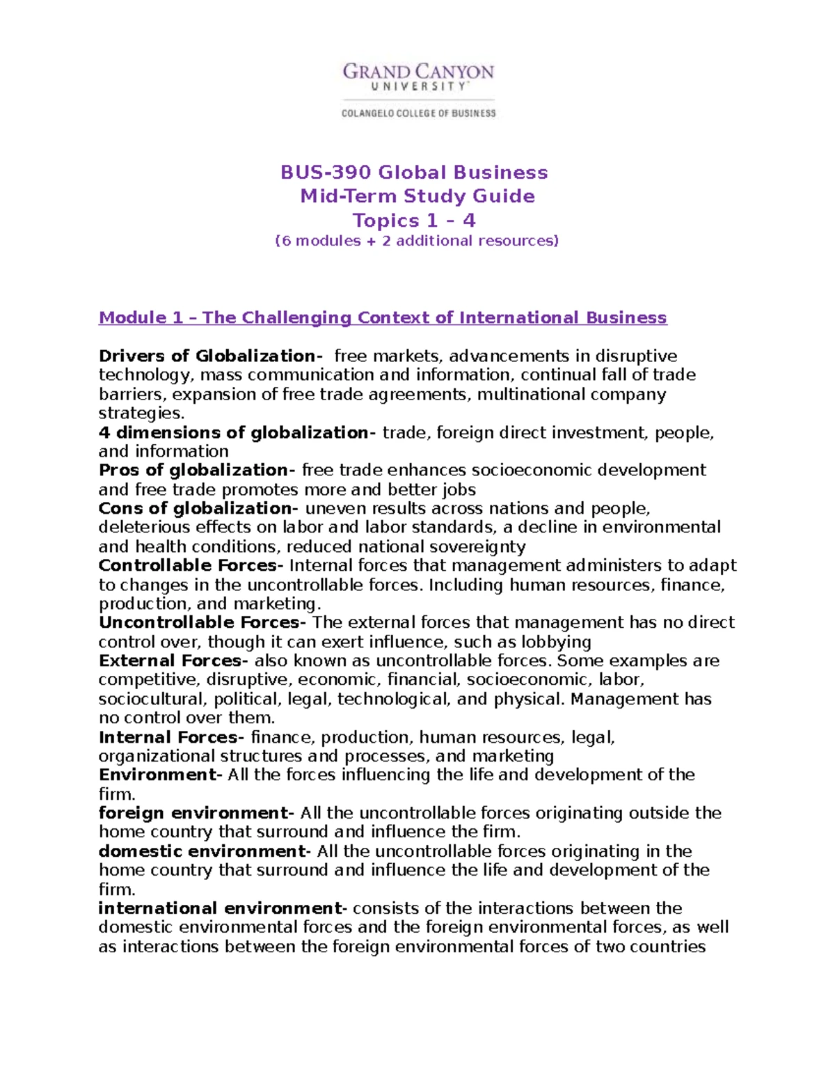 BUS390 Midterm Study Guide Overview for Global Business Fall 2023 - Studocu