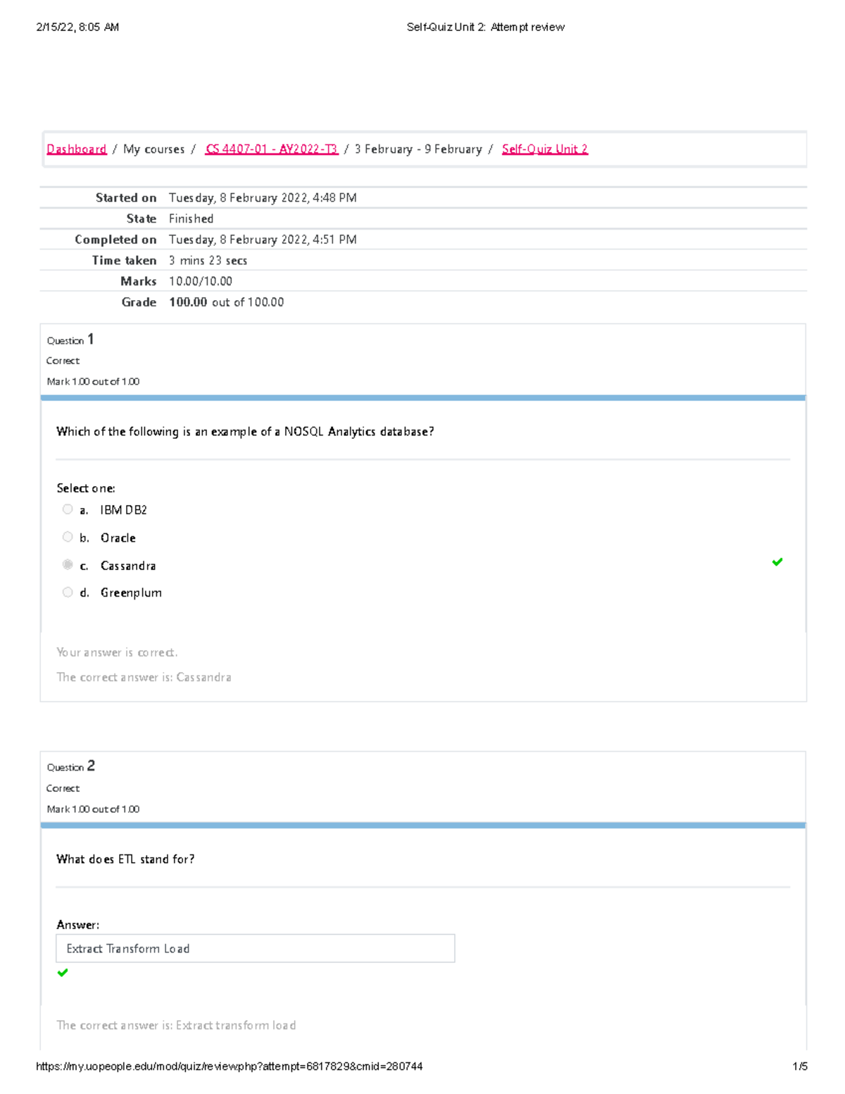 Self-Quiz Review for CS 4407-01: Unit 2 Attempt Results - Studocu