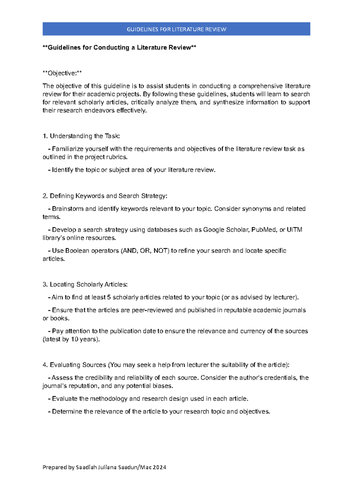 GUIDELINES FOR LITERATURE REVIEW (LIT101) - Comprehensive Approach ...