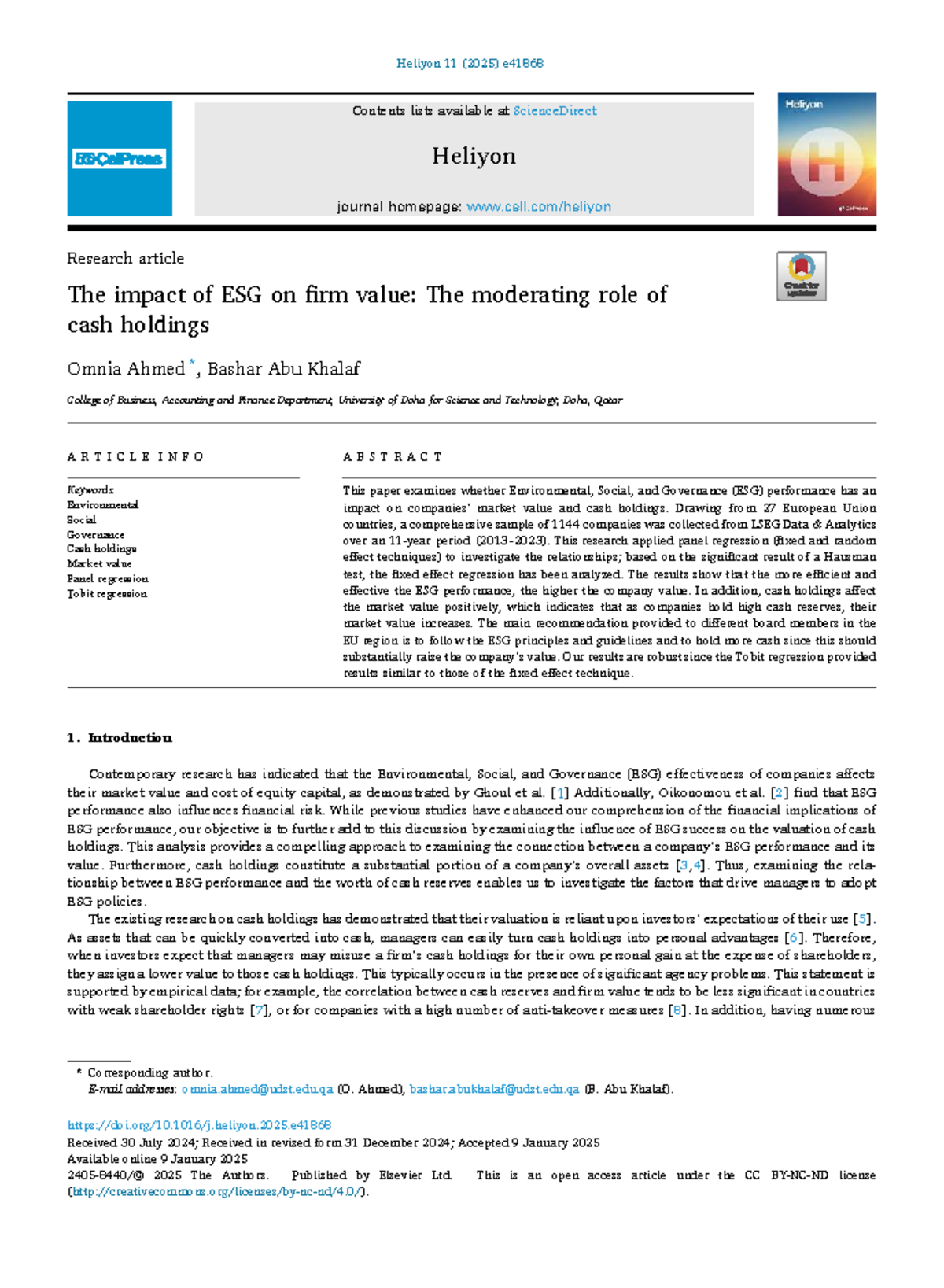 The Impact of ESG on Firm Value: Cash Holdings as a Moderator (ECO 101 ...