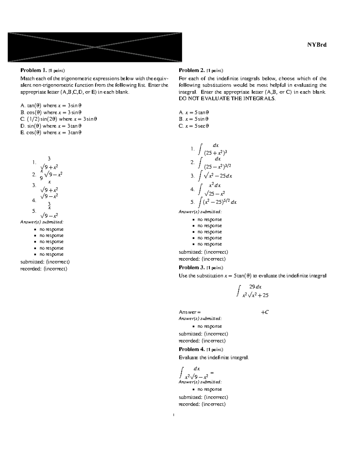 Trigonometric Integration Questions - NYBrd - Studocu