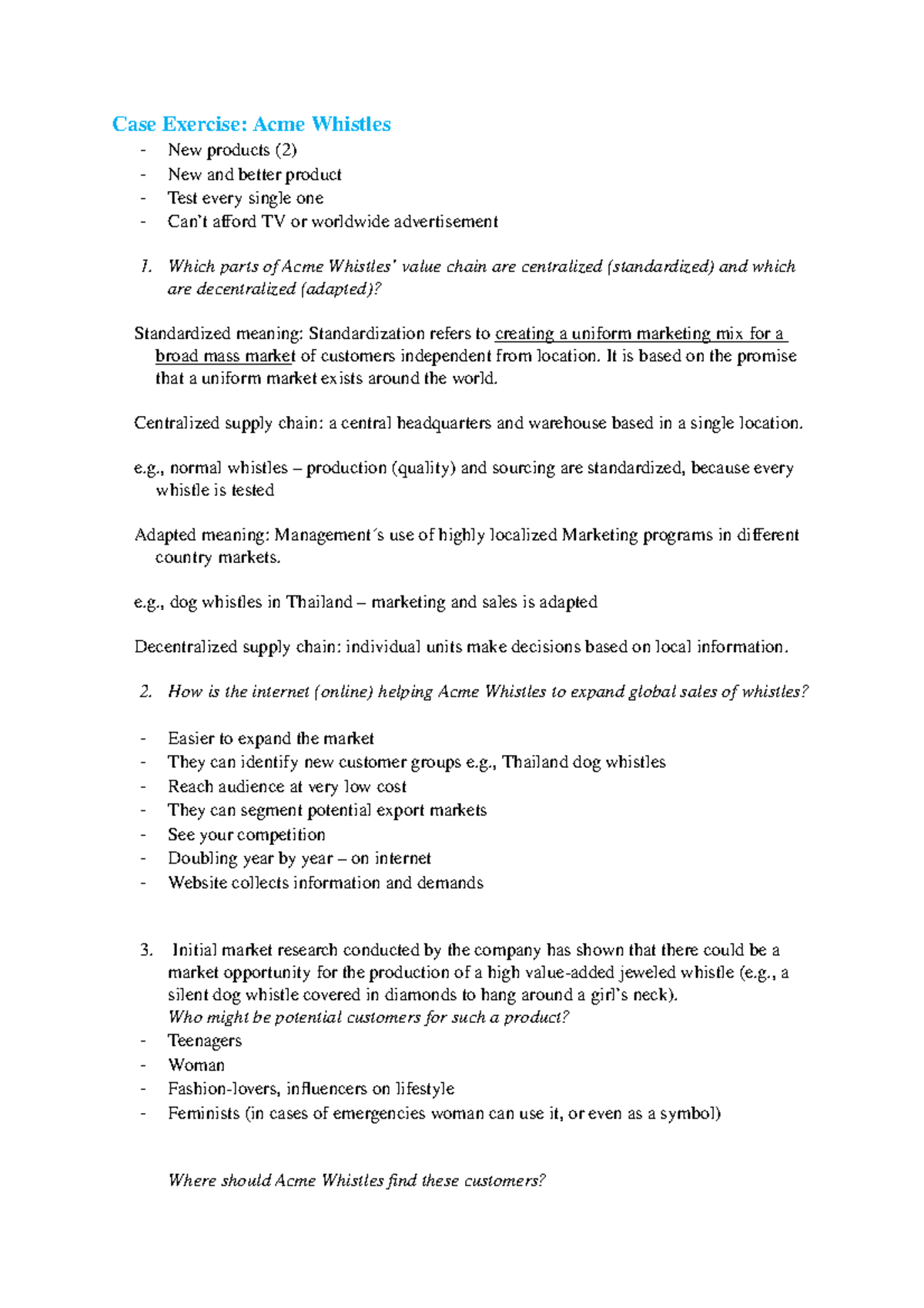 Case Exercise Acme - Case Study answers about Acme Whistle Company ...