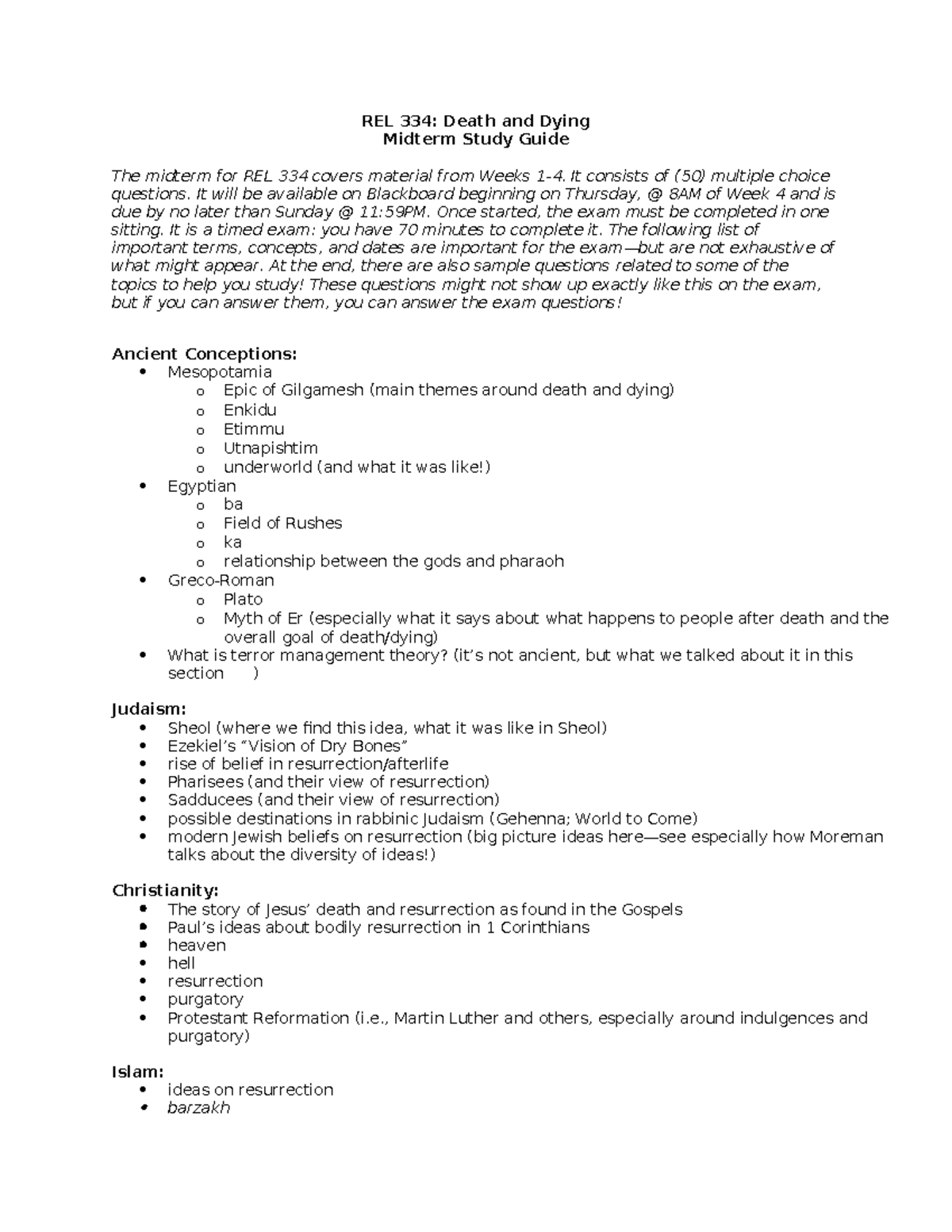 REL 334: Midterm Study Guide on Death, Dying & Related Concepts - Studocu