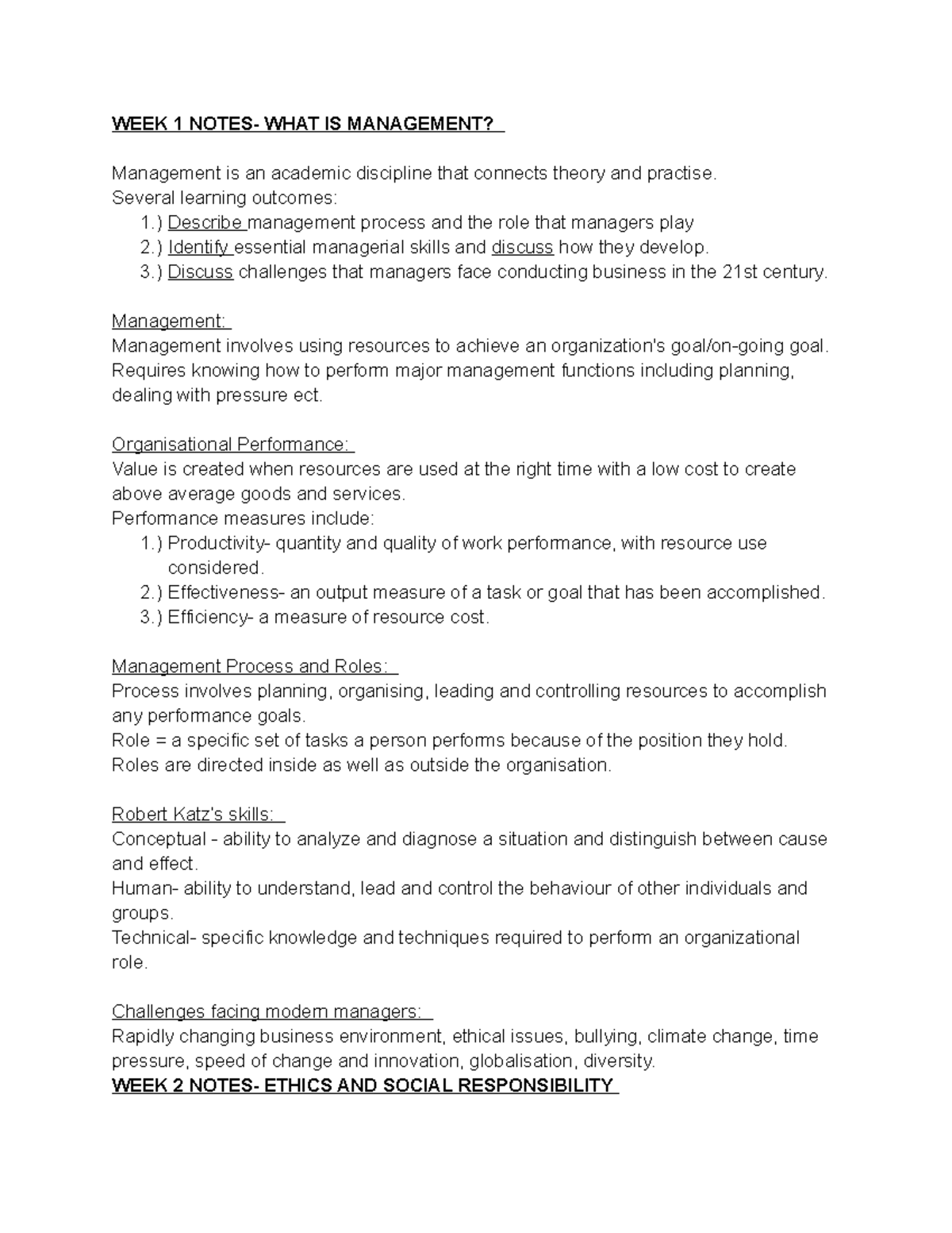 Stmgt Notes - WEEK 1 NOTES- WHAT IS MANAGEMENT? Management is an ...